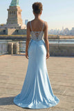 Grey Blue Mermaid Beaded Appliqued Corset Long Prom Dress with Slit