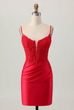 Dark Red Spaghetti Straps Beaded Short Tight Cocktail Dress with Lace Up Back
