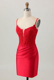 Dark Red Spaghetti Straps Beaded Short Tight Cocktail Dress with Lace Up Back