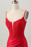 Dark Red Spaghetti Straps Beaded Short Tight Cocktail Dress with Lace Up Back