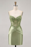 Green Strapless Corset Sequins Bodycon Short Prom Dress with Appliques
