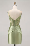 Green Strapless Corset Sequins Bodycon Short Prom Dress with Appliques