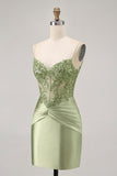 Green Strapless Corset Sequins Bodycon Short Prom Dress with Appliques