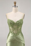 Green Strapless Corset Sequins Bodycon Short Prom Dress with Appliques