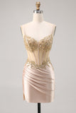 Champagne Satin Corset Cocktail Dress with Sequins