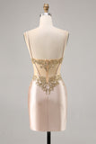 Champagne Satin Corset Cocktail Dress with Sequins
