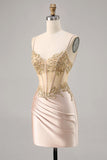Champagne Satin Corset Cocktail Dress with Sequins