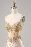 Champagne Satin Corset Cocktail Dress with Sequins