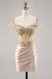 Champagne Off the Shoulder Corset Bodycon Cockatil Dress with Sequins
