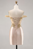 Champagne Off the Shoulder Corset Bodycon Cockatil Dress with Sequins