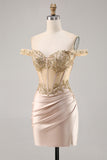Champagne Off the Shoulder Corset Bodycon Cockatil Dress with Sequins