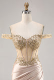 Champagne Off the Shoulder Corset Bodycon Cockatil Dress with Sequins
