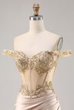 Champagne Off the Shoulder Corset Bodycon Cockatil Dress with Sequins