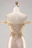 Champagne Off the Shoulder Corset Bodycon Cockatil Dress with Sequins
