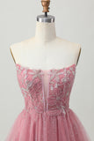 Dusty Rose A-Line Strapless Tiered Tulle Short Prom Dress with Beading