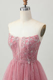 Dusty Rose A-Line Strapless Tiered Tulle Short Prom Dress with Beading
