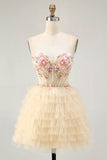 Apricot Spaghetti Straps Corset A Line Ruffled Cocktail Dress