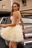 Apricot Spaghetti Straps Corset A Line Ruffled Cocktail Dress