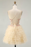 Apricot Spaghetti Straps Corset A Line Ruffled Cocktail Dress