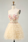 Apricot Spaghetti Straps Corset A Line Ruffled Cocktail Dress