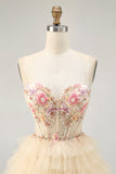 Apricot Spaghetti Straps Corset A Line Ruffled Cocktail Dress