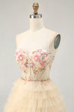 Apricot Spaghetti Straps Corset A Line Ruffled Cocktail Dress