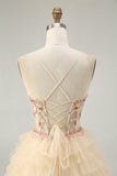 Apricot Spaghetti Straps Corset A Line Ruffled Cocktail Dress