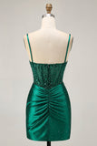 Dark Green Bodycon Corset Sequins Satin Cocktail Dress