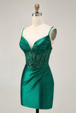 Dark Green Bodycon Corset Sequins Satin Cocktail Dress