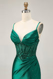 Dark Green Bodycon Corset Sequins Satin Cocktail Dress