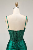 Dark Green Bodycon Corset Sequins Satin Cocktail Dress