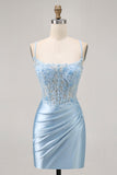 Blue Bodycon Sequins Corset Beaded Cocktail Dress with Appliques