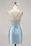 Blue Bodycon Sequins Corset Beaded Cocktail Dress with Appliques