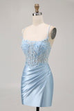 Blue Bodycon Sequins Corset Beaded Cocktail Dress with Appliques