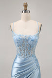 Blue Bodycon Sequins Corset Beaded Cocktail Dress with Appliques