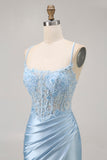 Blue Bodycon Sequins Corset Beaded Cocktail Dress with Appliques