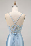 Blue Bodycon Sequins Corset Beaded Cocktail Dress with Appliques