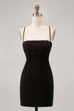 Black Bodycon Spaghetti Straps Cocktail Dress with Beading
