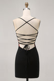 Black Bodycon Spaghetti Straps Cocktail Dress with Beading