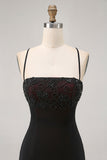 Black Bodycon Spaghetti Straps Cocktail Dress with Beading