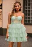Light Green A Line Strapless Corset Tiered Short Prom Dress