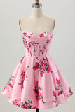 Pink Flower A-Line Sweetheart Satin Corset Cocktail Dress