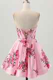 Pink Flower A-Line Sweetheart Satin Corset Cocktail Dress