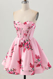 Pink Flower A-Line Sweetheart Satin Corset Cocktail Dress