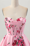Pink Flower A-Line Sweetheart Satin Corset Cocktail Dress