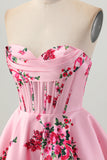 Pink Flower A-Line Sweetheart Satin Corset Cocktail Dress