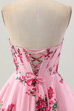 Pink Flower A-Line Sweetheart Satin Corset Cocktail Dress