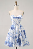 White Blue Flower A Line Strapless Corset Short Prom Dress