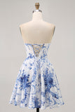 White Blue Flower A Line Strapless Corset Short Prom Dress