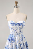 White Blue Flower A Line Strapless Corset Short Prom Dress
